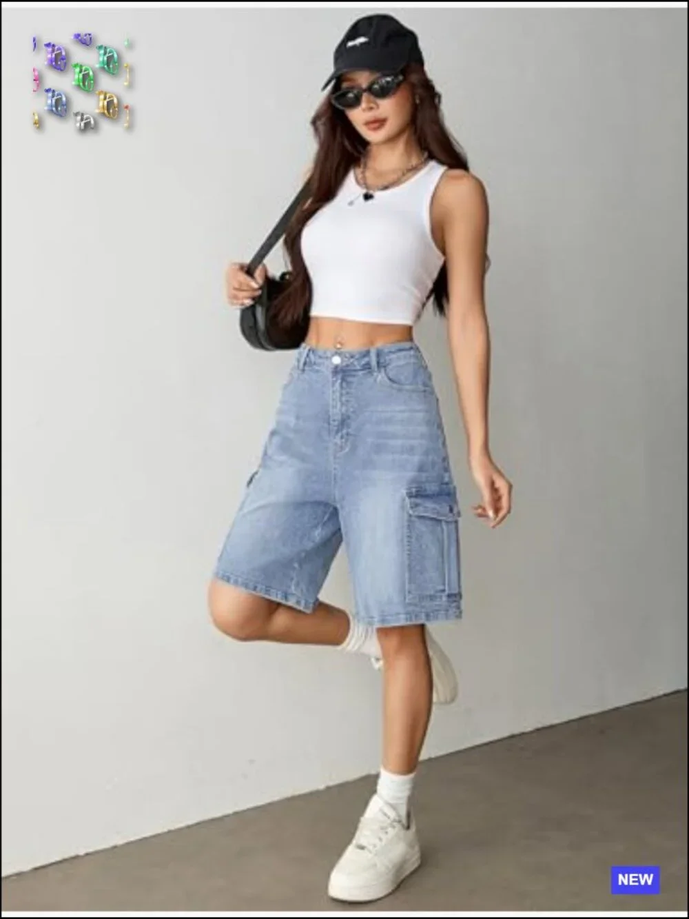 Baggy Bermuda Cargo Jorts Y2K Knee Length Stretchy Denim Shorts 6 Pockets